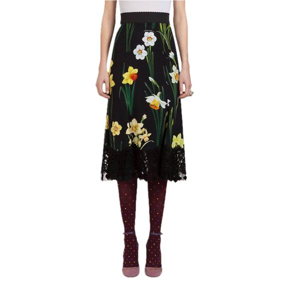 DOLCE & GABBANA Black Daffodil-print Cady Midi Skirt  IT 40 US S - Picture 2 of 9